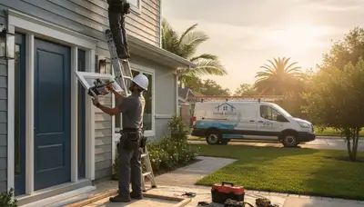 Technician performing door repair with vinyl siding exterior in Indianapolis, IN