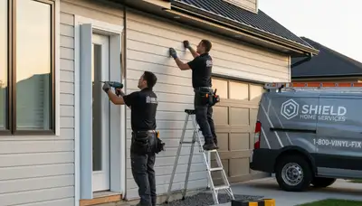 Technician performing residential door repair and siding work in Indianapolis, IN