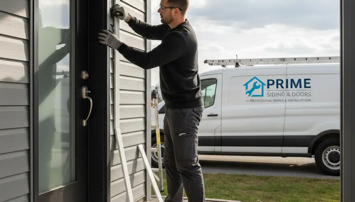 Technician repairing exterior door and vinyl siding, Next Level Exteriors, Indianapolis IN