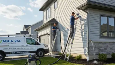 Technician cleaning residential gutters on vinyl siding home in Indianapolis IN