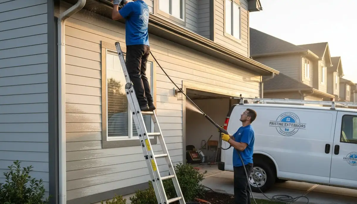 Technician cleaning house gutters with vinyl siding in Indianapolis, IN