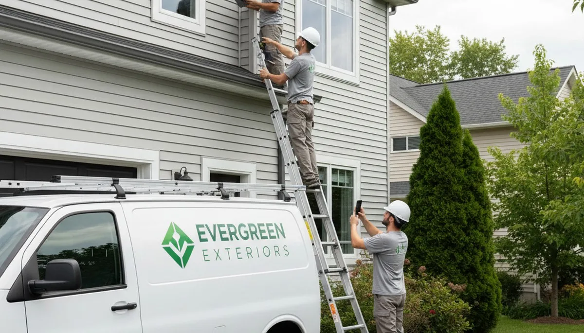 Technician performing gutter inspection on vinyl siding home in Indianapolis, IN