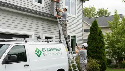 Technician performing gutter inspection on vinyl siding home in Indianapolis, IN