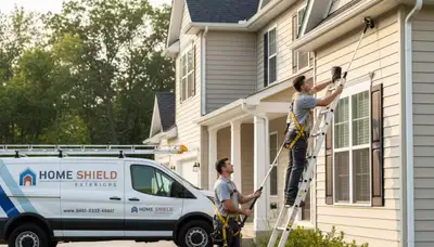 Technician performing gutter inspection on vinyl siding home in Indianapolis, IN