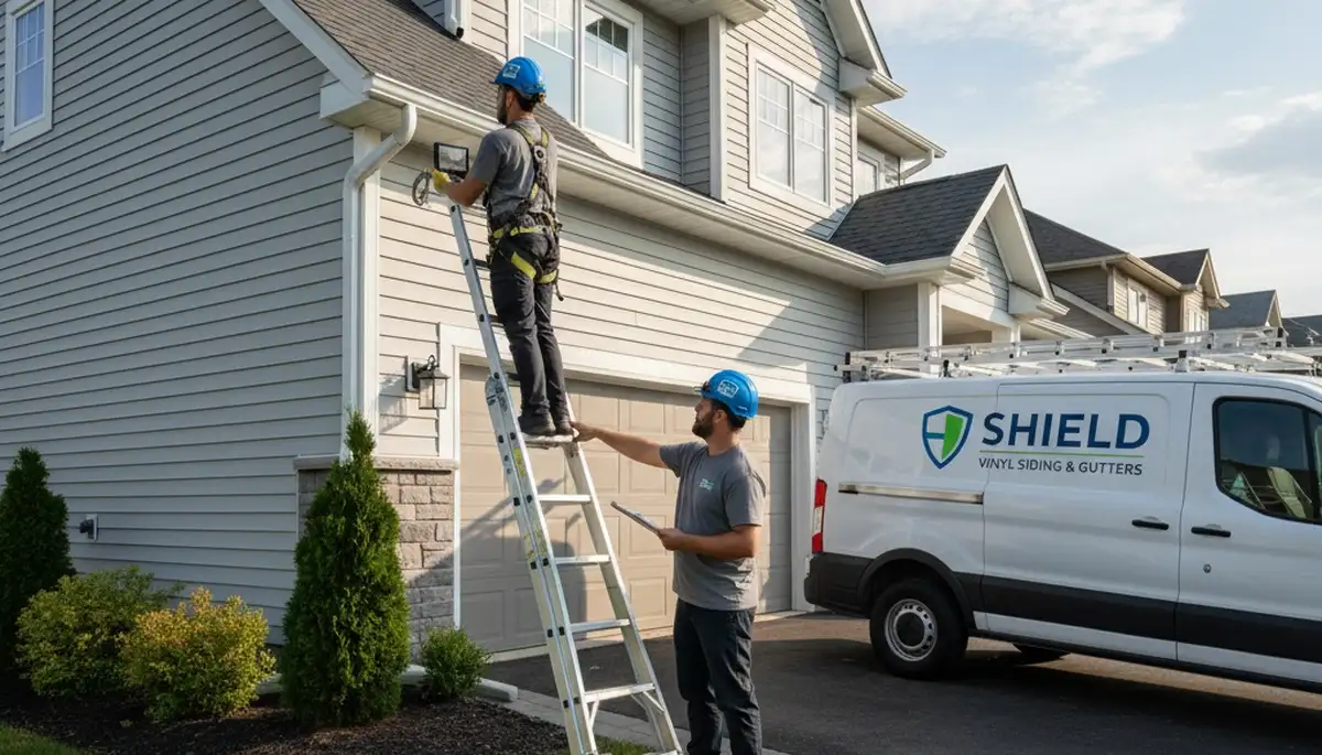 Technician performing gutter inspection on vinyl siding home in Indianapolis IN