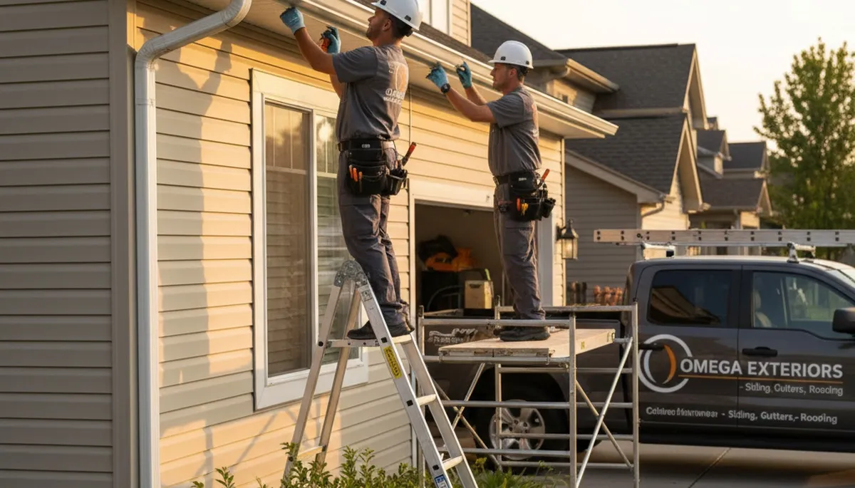Technician performing gutter repair on vinyl siding home in Indianapolis, IN