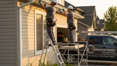 Technician performing gutter repair on vinyl siding home in Indianapolis, IN