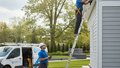 Technician repairing residential gutter on vinyl siding home in Indianapolis IN