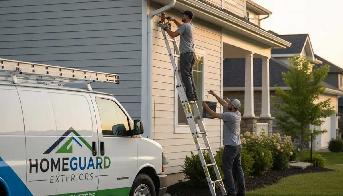 Technician repairing residential gutters and vinyl siding in Indianapolis, IN