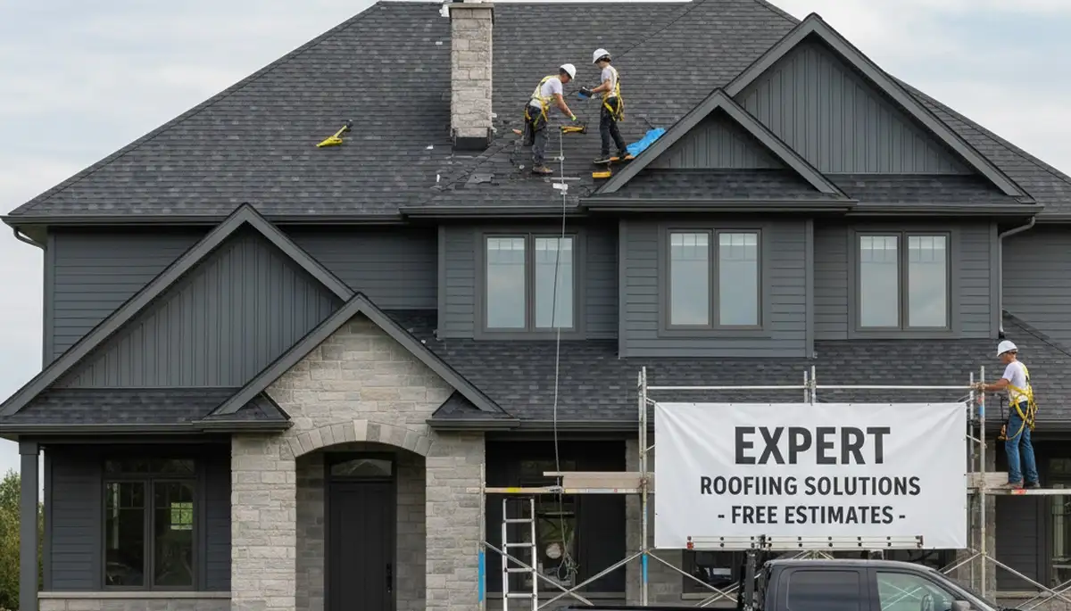 Vinyl siding and roof repair contractors in Indianapolis IN working on home exterior upgrade
