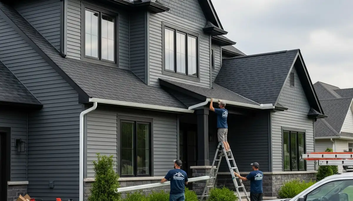 Seamless aluminum gutters installed on vinyl siding home in Indianapolis IN by Next Level Exteriors