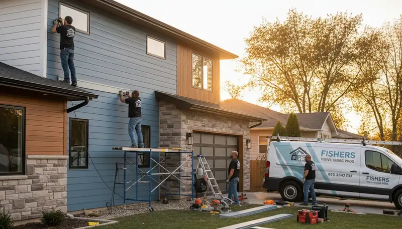 Professional vinyl siding contractors working on home exterior in Indianapolis IN