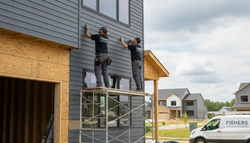 Vinyl siding contractors installing new home exterior in Indianapolis IN