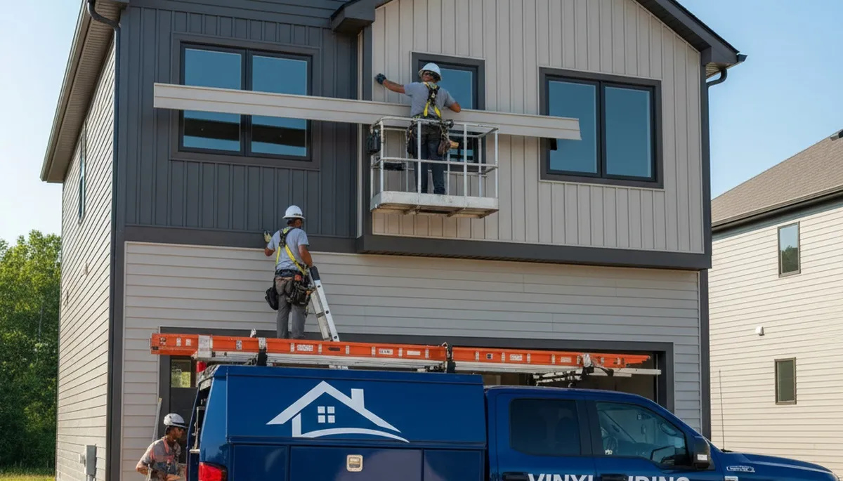 Vinyl siding contractors installing new home exterior in Indianapolis IN
