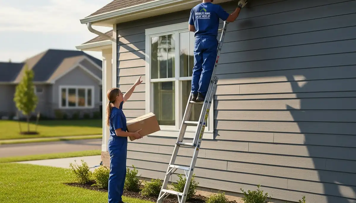 Technician repairing damaged vinyl siding on home exterior in Indianapolis, IN