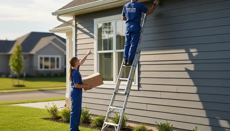 Technician repairing damaged vinyl siding on home exterior in Indianapolis, IN