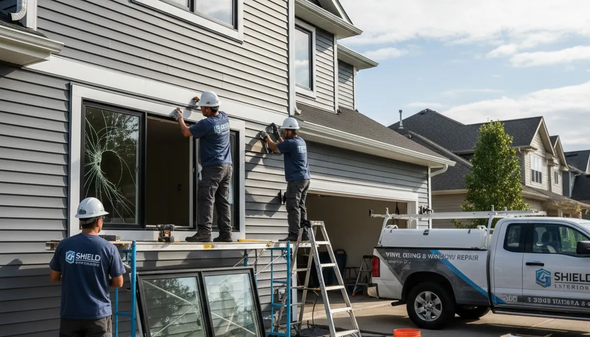 Vinyl siding and window repair experts working on home exterior in Indianapolis, IN