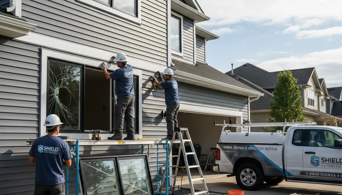 Vinyl siding and window repair experts working on home exterior in Indianapolis, IN